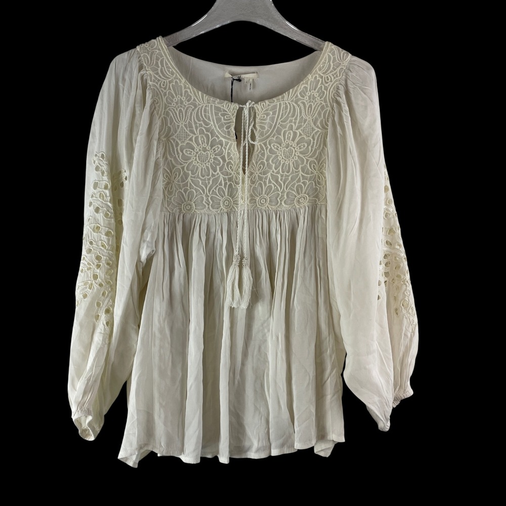 Floreat Anthropologie Boho Blouse Womens Small Ivory Boho Lace Eyelet Tassel Top